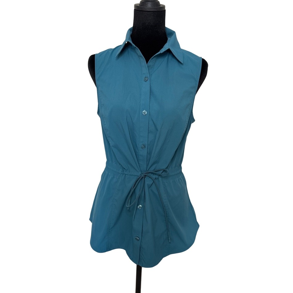 Athleta Levitate Poplin Tank Teal Button Front Sleeveless Jacket Vest Small